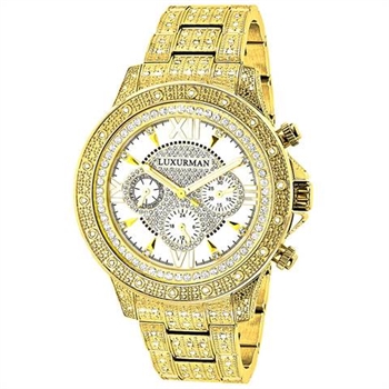 Iced Out Mens Luxurman Watch with Diamond Band 1.25ct Yellow Gold Plated