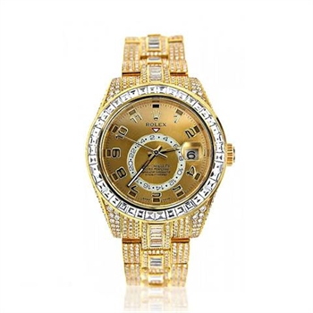 Fully Iced Out 18K Yellow Gold Diamond Sky Dweller Rolex Watch for Men 45ct