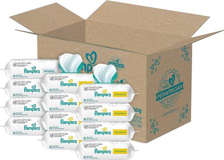 Pampers Sensitive Baby Wipes - Baby Wipes Combo, 84 Count (Pack of 12), Water Based, Hypoallergenic 